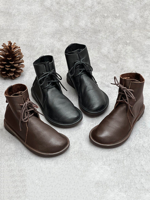 Bottines d'hiver vintage en cuir véritable avec cordon de serrage pour femme