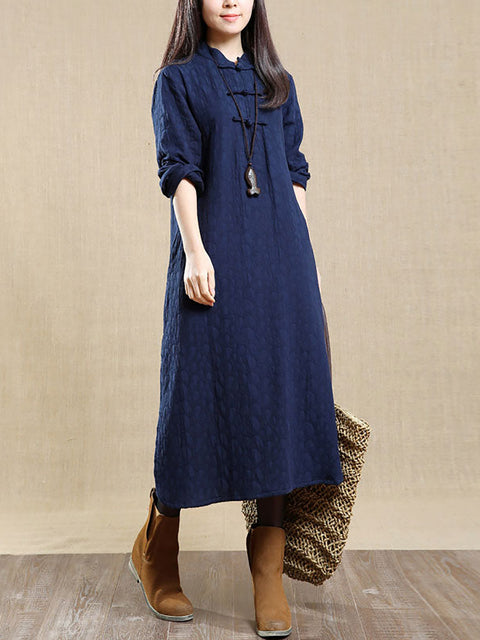 Plus Size Women Autumn Vintage Stand Collar Dress 100% Cotton