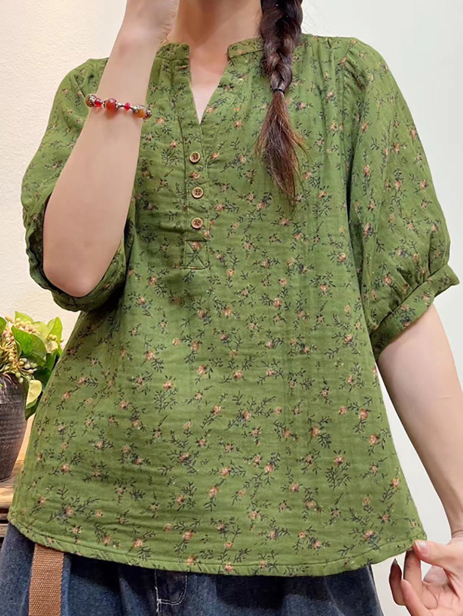 Plus Size Mulheres Verão Artsy Floral Button Loose Camisa