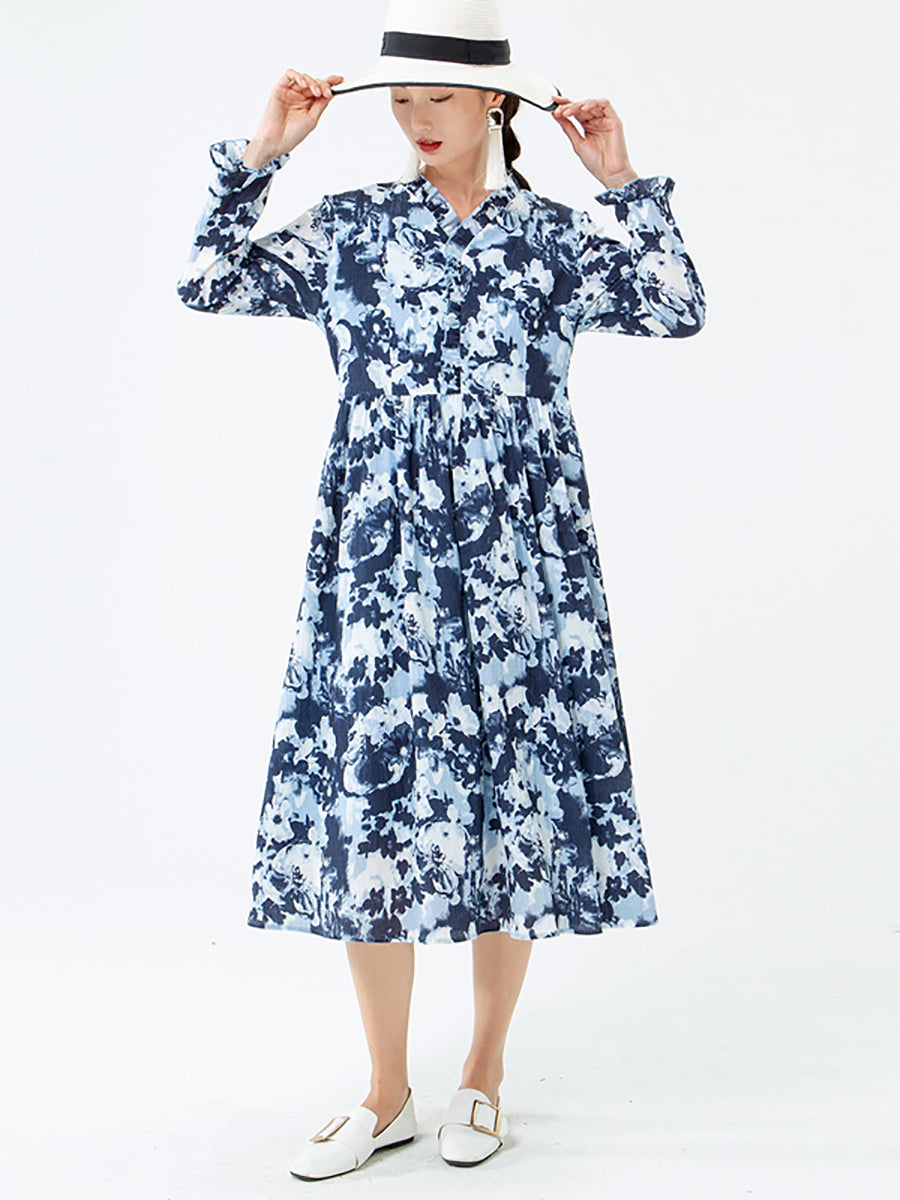 PLUS Size - Women Pocket Floral V Neck Long Sleeve Dress