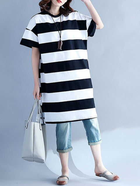 Plus Size Women Casual Striped O-Neck Short Sleeve Loose Dress