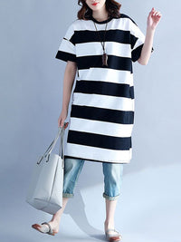 Thumbnail for Plus Size Women Casual Striped O-Neck Short Sleeve Loose Dress