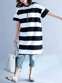 Thumbnail for Plus Size Women Casual Striped O-Neck Short Sleeve Loose Dress