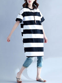 Thumbnail for Plus Size Women Casual Striped O-Neck Short Sleeve Loose Dress