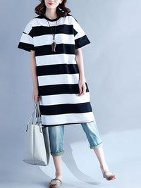 Thumbnail for Plus Size Women Casual Striped O-Neck Short Sleeve Loose Dress