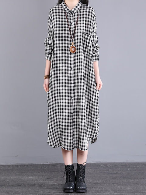 Plus Size Women Casual Plaid Pocket Loose Linen Cardigan Dress