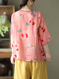 Thumbnail for Plus Size Vintage Floral O-neck Women Ramie Shirt