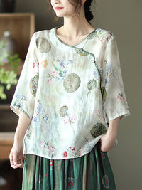 Thumbnail for Plus Size Vintage Floral O-neck Women Ramie Shirt