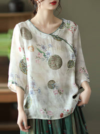 Thumbnail for Plus Size Vintage Floral O-neck Women Ramie Shirt