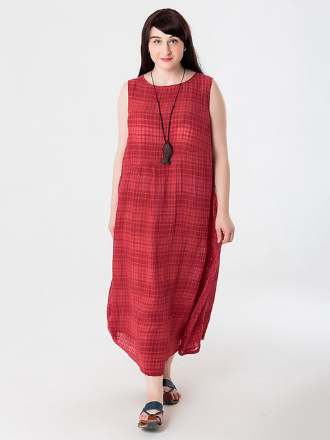 Plus Stærð Kvenna Sumar Plaid Cotton Len Vest Dress