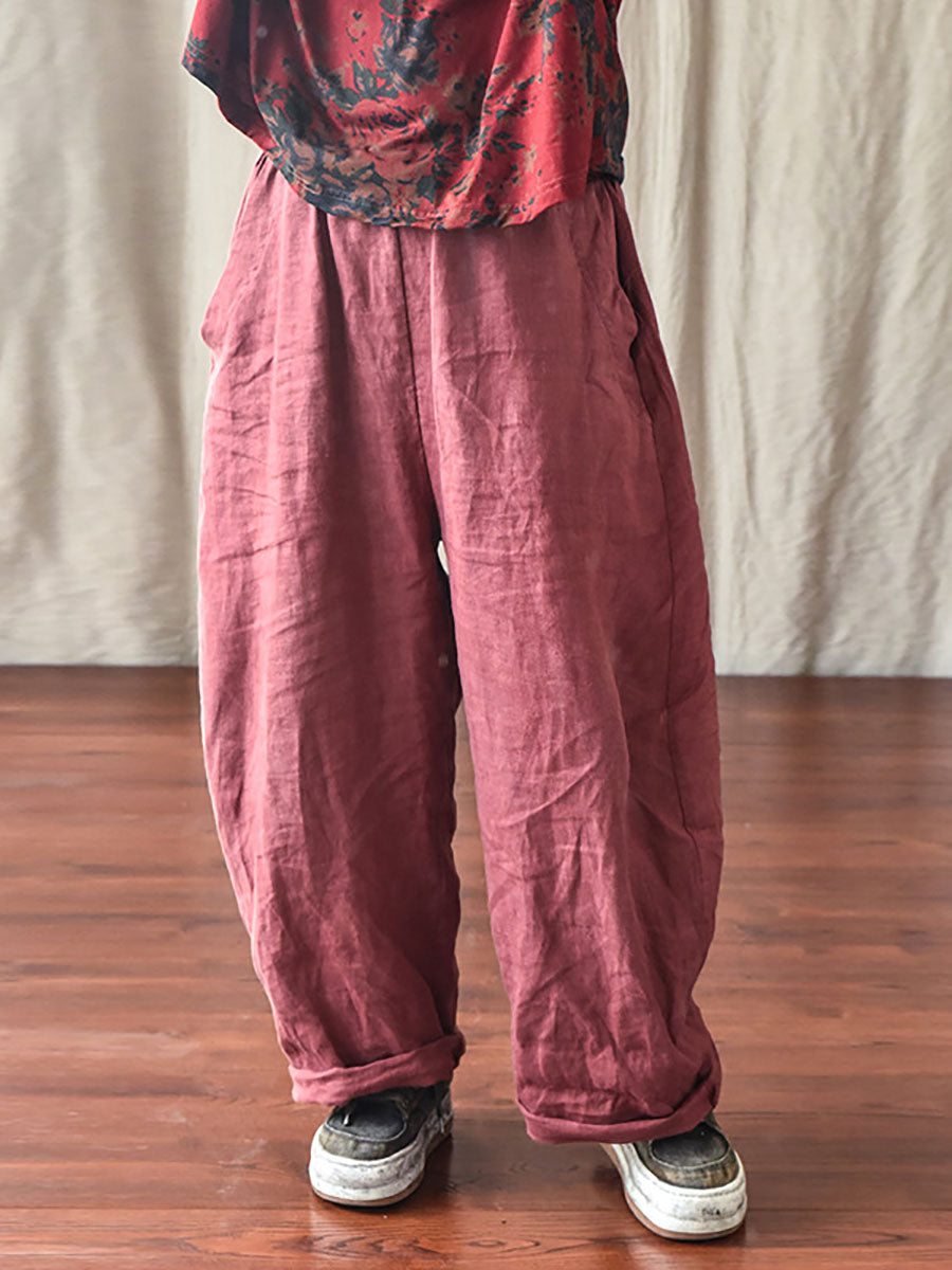 Plus Size Women Casual Solid Loose Elastic Waist Linen Pants