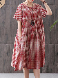 Thumbnail for Plus Size 100%Cotton Short Sleeve Plaid Dress