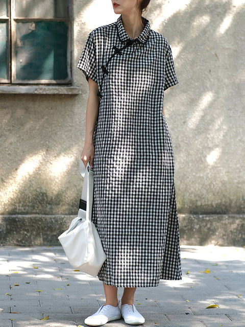 Vestido holgado vintage de verano con estampado de rana y cuadros escoceses para mujer de talla grande