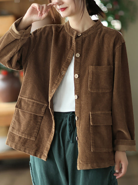 Plus Size Kvinner Solid Vintage Cotton Corduroy Coat