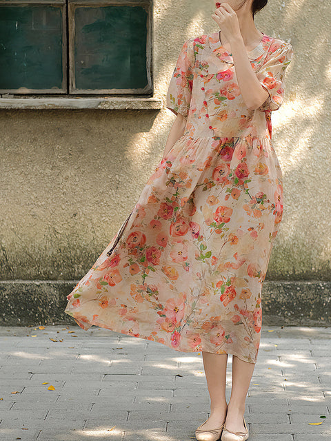 Vestido de ramio suelto con botones florales vintage de verano de talla grande para mujer