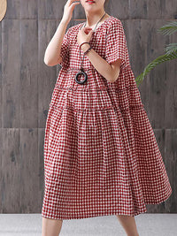 Thumbnail for Plus Size 100%Cotton Short Sleeve Plaid Dress