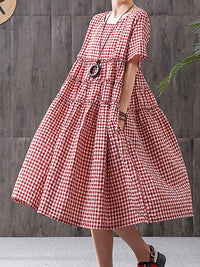 Thumbnail for Plus Size 100%Cotton Short Sleeve Plaid Dress