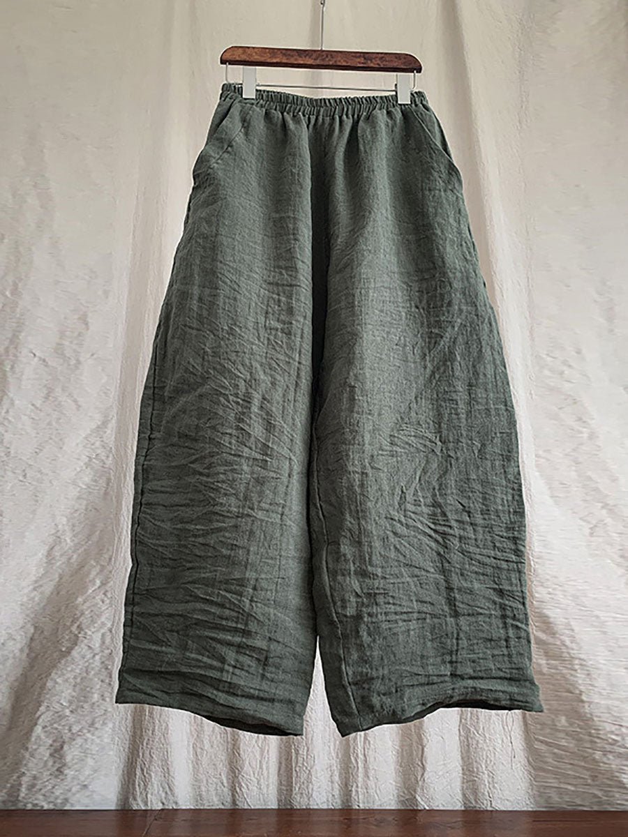 Plus Size Women Casual Solid Loose Elastic Waist Linen Pants