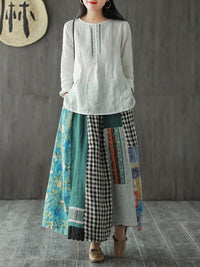 Thumbnail for Plus Size  Irregular Print Spliced Casual 100% Linen A-line Skirt