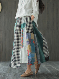 Thumbnail for Plus Size  Irregular Print Spliced Casual 100% Linen A-line Skirt