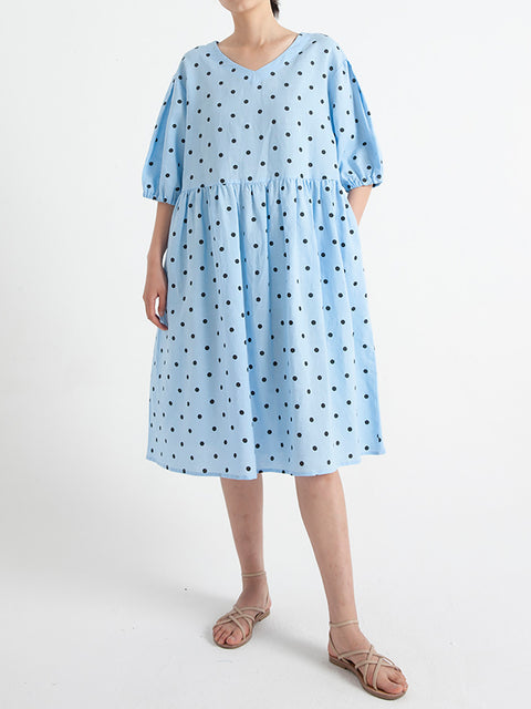 Plus size dot V-hals zomer geplooide jurk met korte mouwen