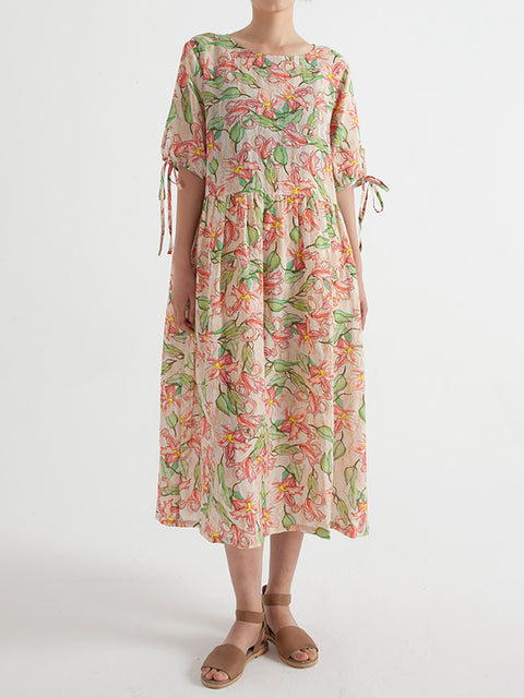 Robe ample d'été à manches courtes en ramie florale de grande taille