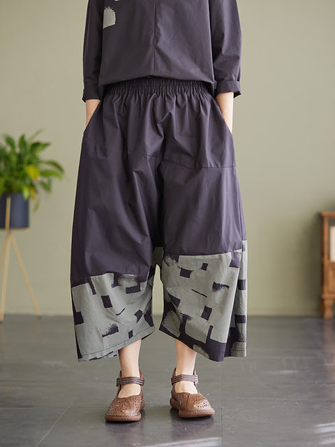 Women Elastic Waist Cotton Loose Wide Leg Pants