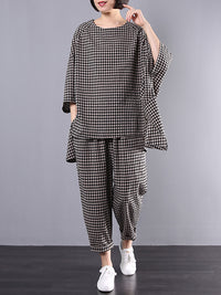 Thumbnail for Plus Size Cotton Linen Plaid Retro Blouse And Pants