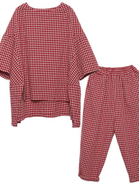 Thumbnail for Plus Size Cotton Linen Plaid Retro Blouse And Pants