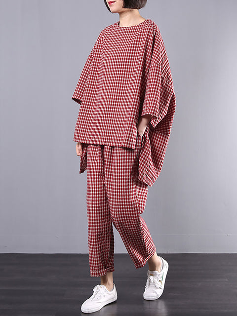 Plus Size Cotton Linen Plaid Retro Blouse And Pants