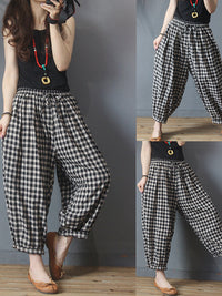 Thumbnail for Plus Size Summer Plaid Drawstring Cotton Linen Harem Pants