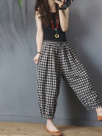 Thumbnail for Plus Size Summer Plaid Drawstring Cotton Linen Harem Pants