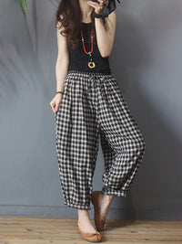 Thumbnail for Plus Size Summer Plaid Drawstring Cotton Linen Harem Pants