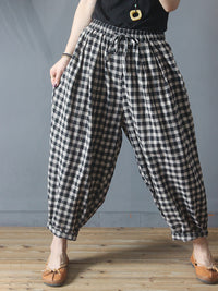 Thumbnail for Plus Size Summer Plaid Drawstring Cotton Linen Harem Pants