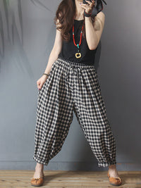 Thumbnail for Plus Size Summer Plaid Drawstring Cotton Linen Harem Pants