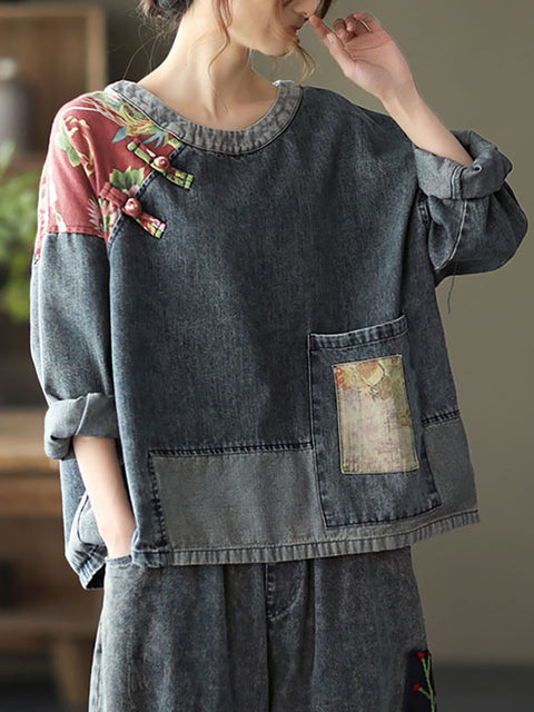 Übergröße Damen Retro Stitching Patchwork Print Floral Denim Sweatshirt