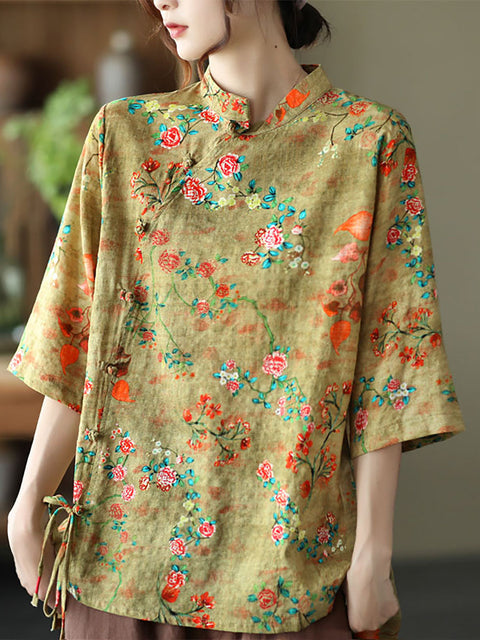 Plus size - Katoenlinnen bloemen onregelmatig vintage overhemd