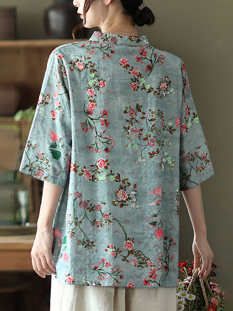 Grandes tailles - Chemise Vintage Irrégulière Florale Coton Lin