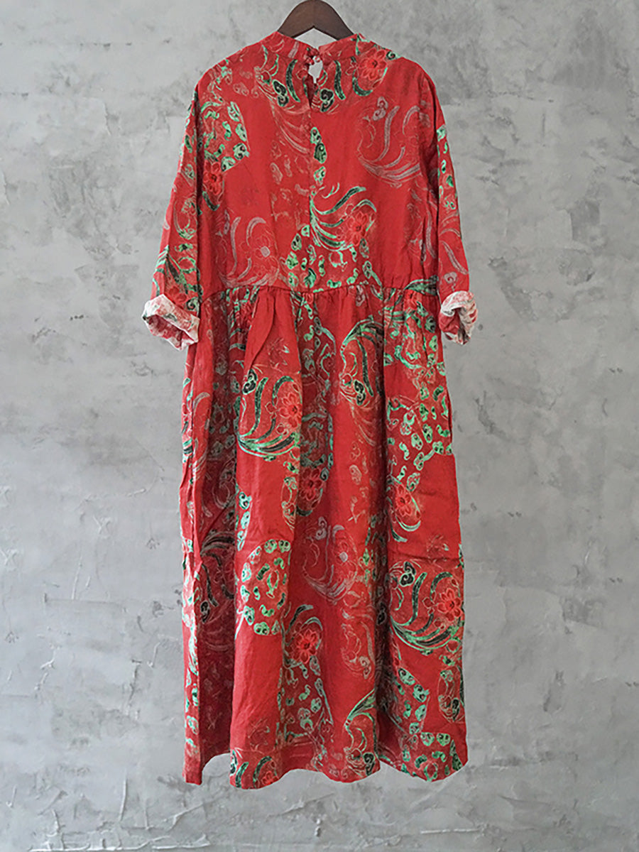 Plus Size Women Linen Vintage Printed Floral Dress – BUYKUD