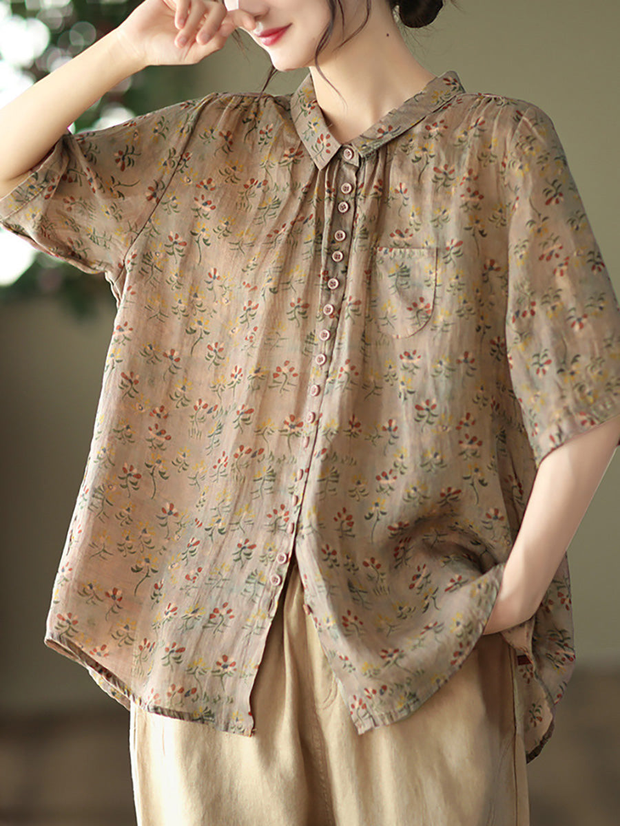 Plus Size Vintage Floral Ramie Casual Verão Mulheres Camisa