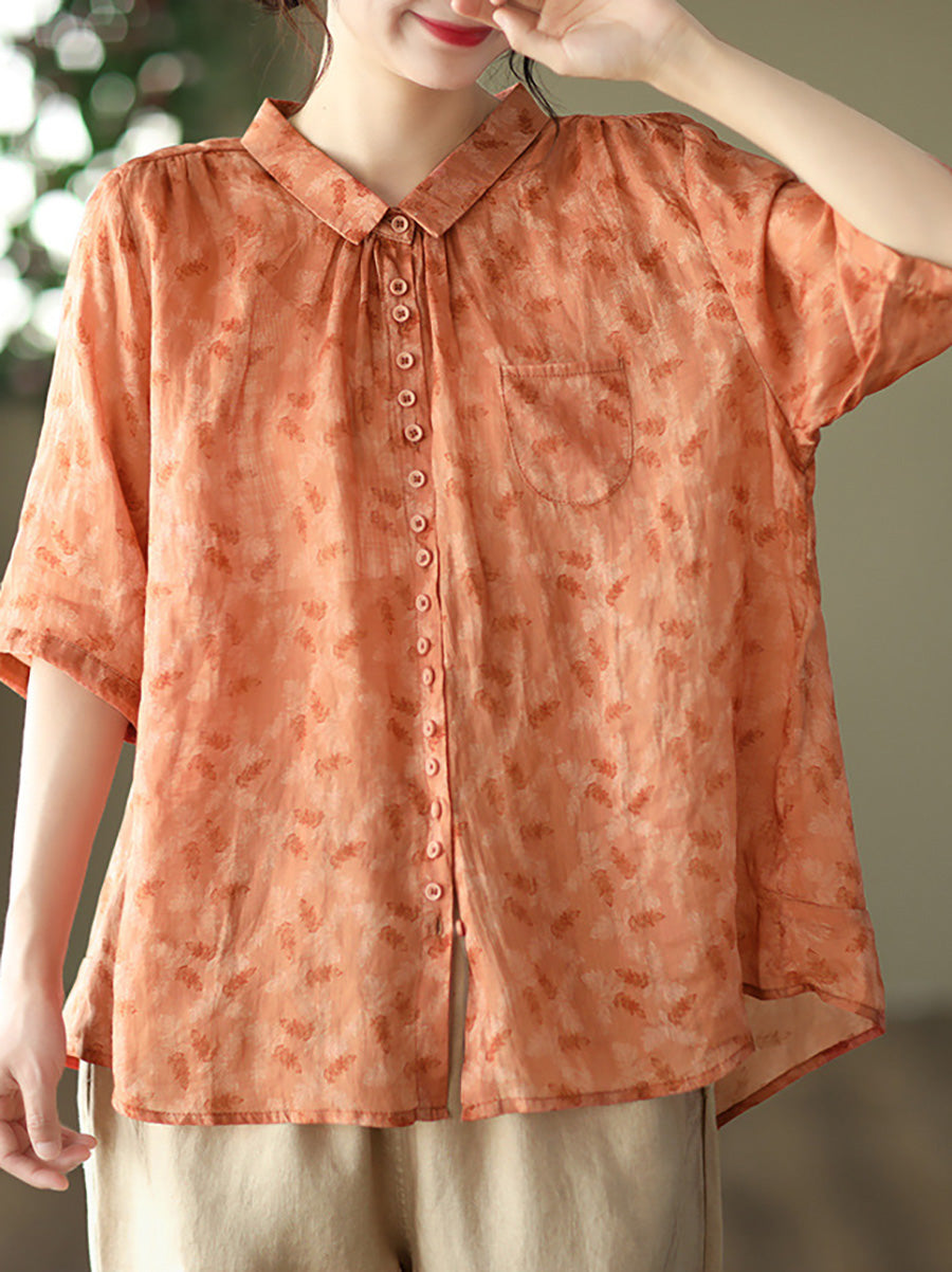 Plus Size Vintage Floral Ramie Casual Verão Mulheres Camisa