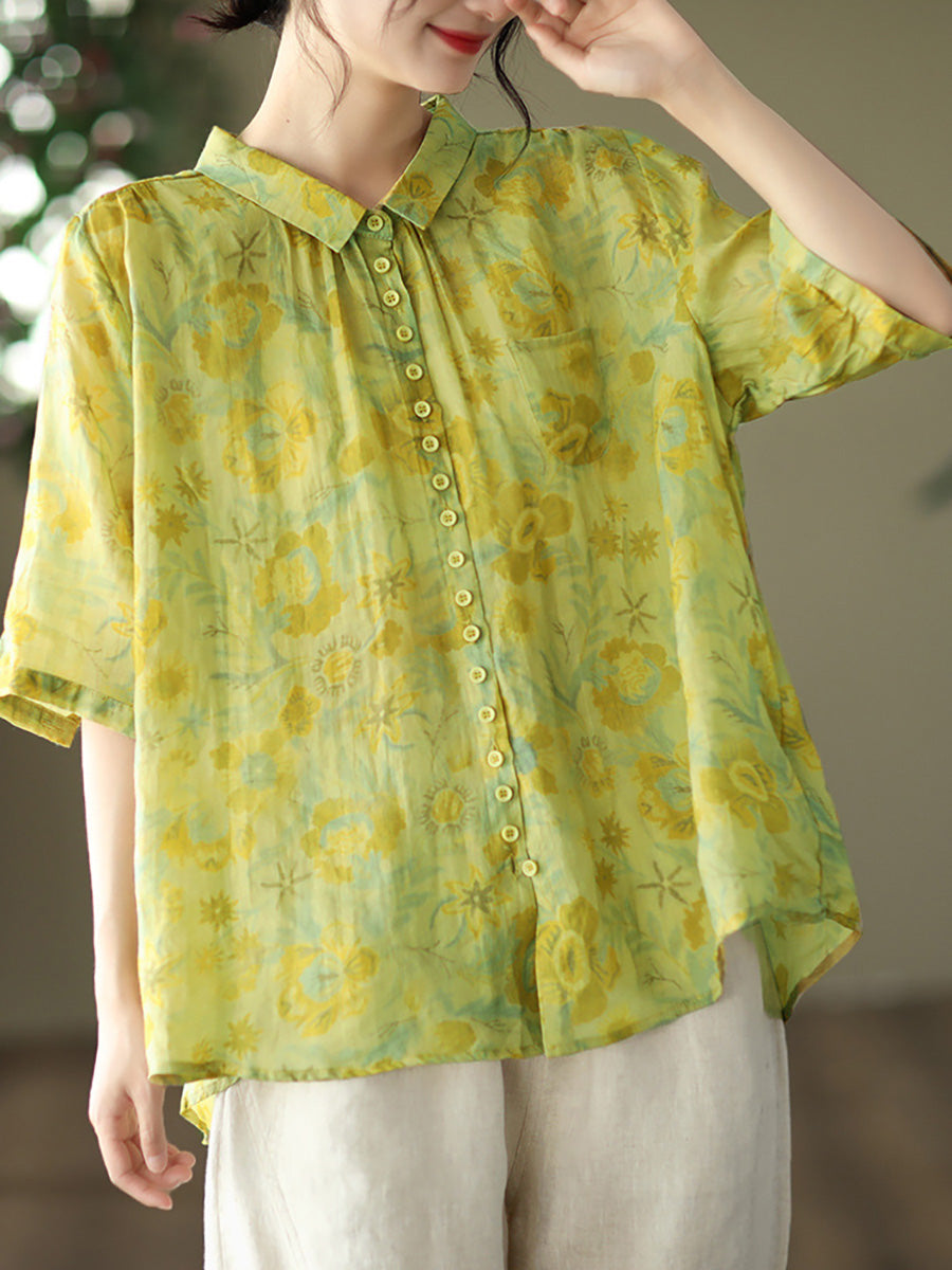 Plus Size Vintage Floral Ramie Casual Verão Mulheres Camisa