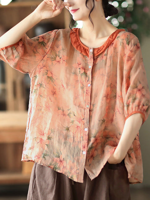 Plus Size Floral Ramie Vintage Sommer Damen Shirt