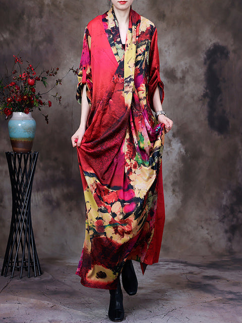 Plus Size -Drape Floral Vintage kvinner Retro Maxi Dress