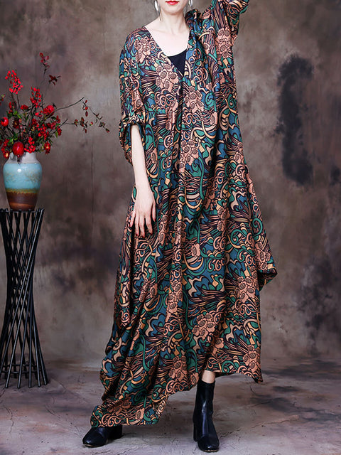 Floral V λαιμόκοψη Καλοκαιρινό Vintage Loose Maxi Φόρεμα