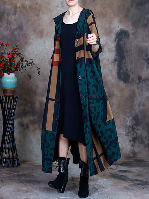 Women Hooded Irregular Print Coat