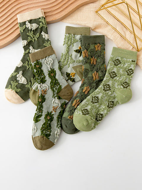 5 paires de chaussettes style court floral vintage pour filles