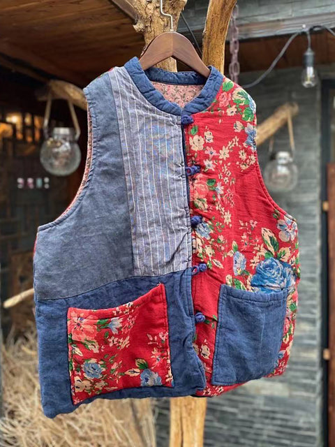 Women Autumn 100%Linen Vintage Patchwork Loose Vest