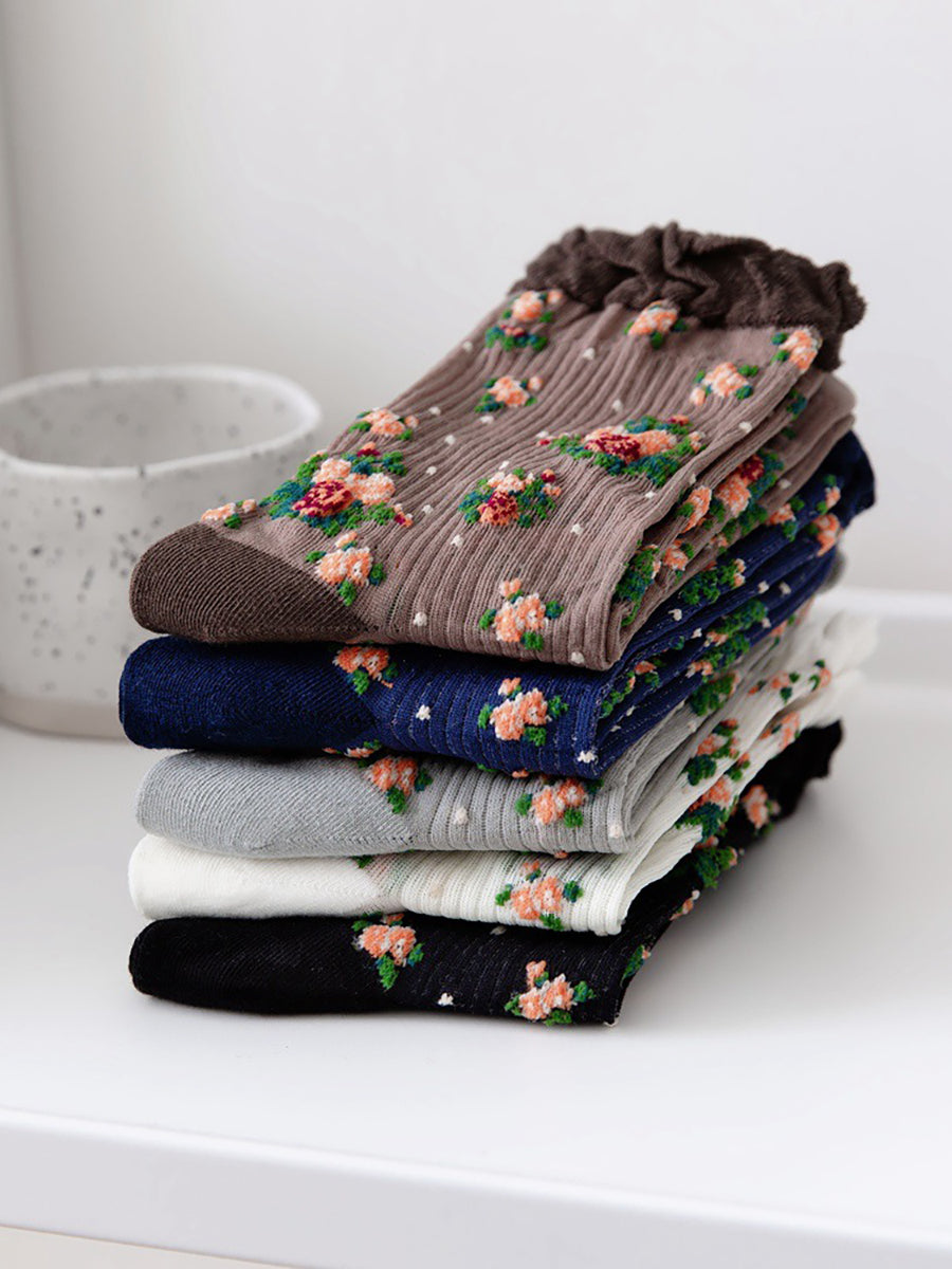 5 Pairs Women Vintage Floral Thin Socks