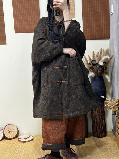 Women Winter Vintage Floral Linen Padded Jacket